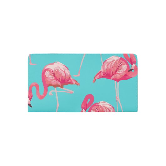 Pink flamingo birds on turquoise background checkbook cover (Back)