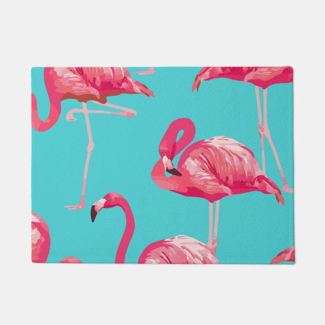 Pink flamingo birds on turquoise background doormat (Front)