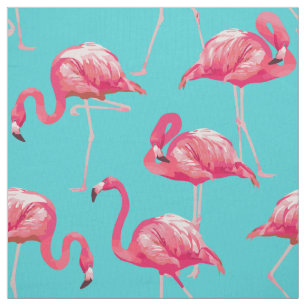 Pink flamingo birds on turquoise background fabric