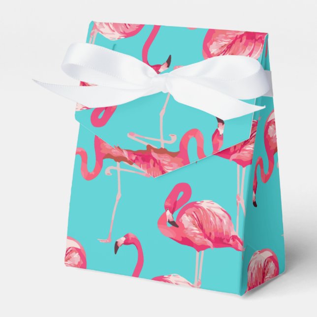 Pink flamingo birds on turquoise background favor boxes (Front Side)