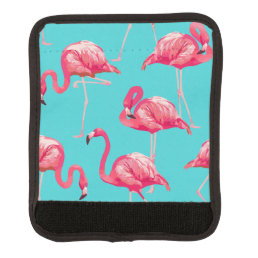 Pink flamingo birds on turquoise background luggage handle wrap