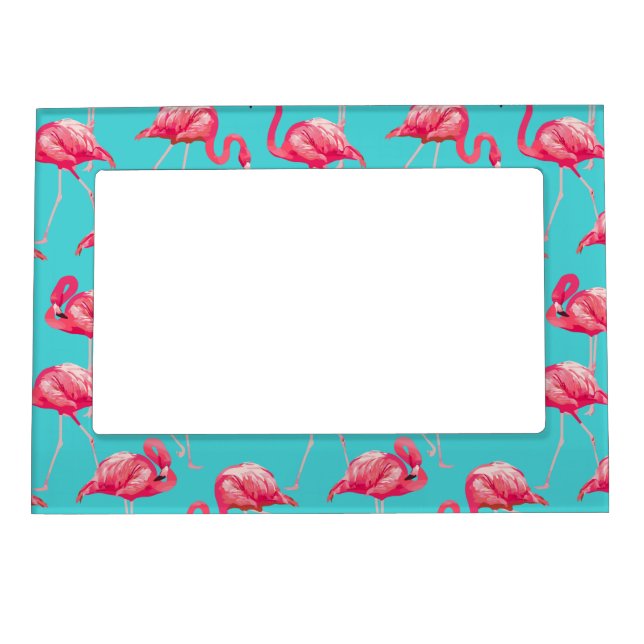 Pink flamingo birds on turquoise background magnetic frame (Front)