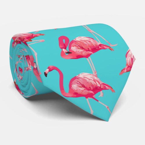 Pink flamingo birds on turquoise background neck tie