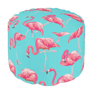 Pink flamingo birds on turquoise background pouf