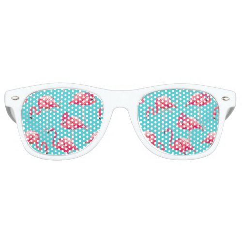 Pink flamingo birds on turquoise background retro sunglasses