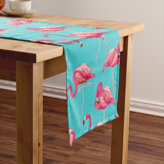 Pink flamingo birds on turquoise background short table runner (In Situ)
