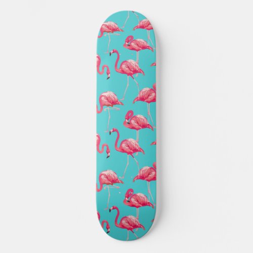 Pink flamingo birds on turquoise background skateboard deck