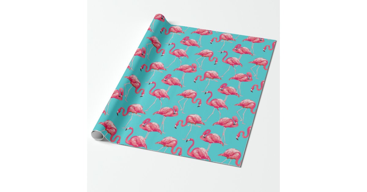 Pink flamingo birds on turquoise background wrapping paper | Zazzle