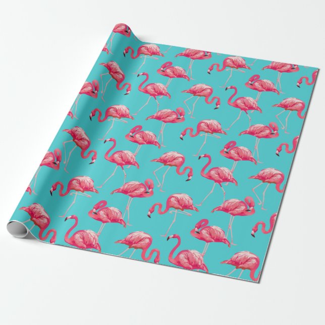 Pink flamingo birds on turquoise background wrapping paper (Unrolled)