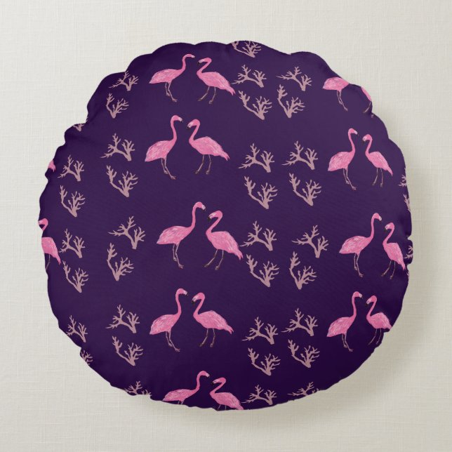 Pink Flamingo Birds Round Pillow (Front)
