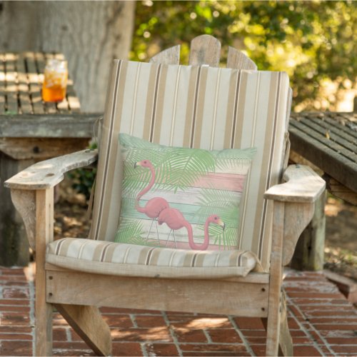 Pink Flamingo  Birds with Tropical Palm Leaves Outdoor Pillow