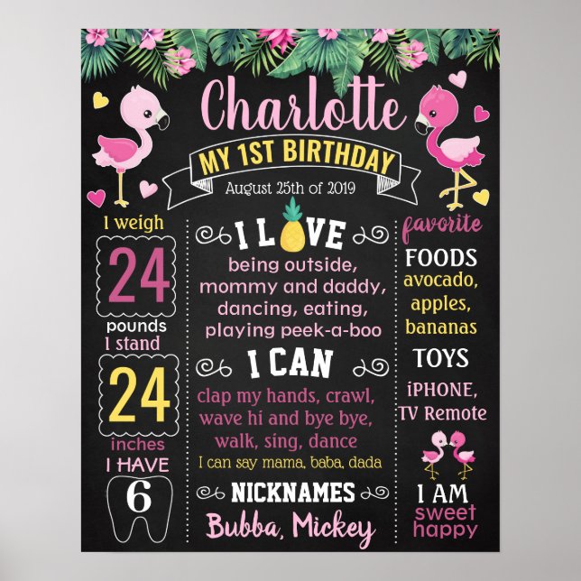 Pink Flamingo Birthday party chalkboard Poster (Front)