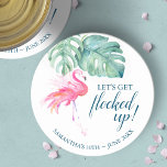 Pink Flamingo Birthday Party Flocktail Round Paper Coaster<br><div class="desc">Add tropical flair to your party with paper coasters in a Palm Springs style watercolor greenery and pink flamingo. The words Let's Get Flocked up is set in a trendy hand lettered script typography. Personalize with the guest of honors name. The perfect birthday decoration for your summer party by the...</div>