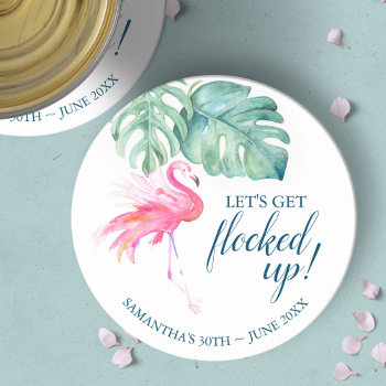 Pink Flamingo Birthday Party Flocktail Round Paper Coaster by VGInvites at Zazzle