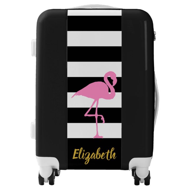 Pink Flamingo Black and White Stripes Gold Name Luggage (Front)