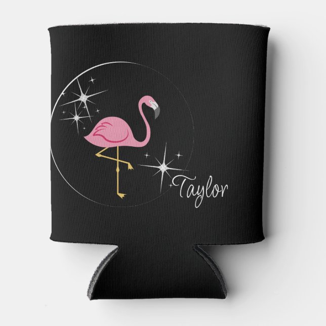 Pink Flamingo Black Can Cooler (Front)