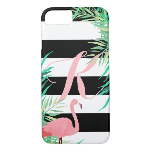 Pink Flamingo  Black Stripes Monogrammed iPhone 87 Case