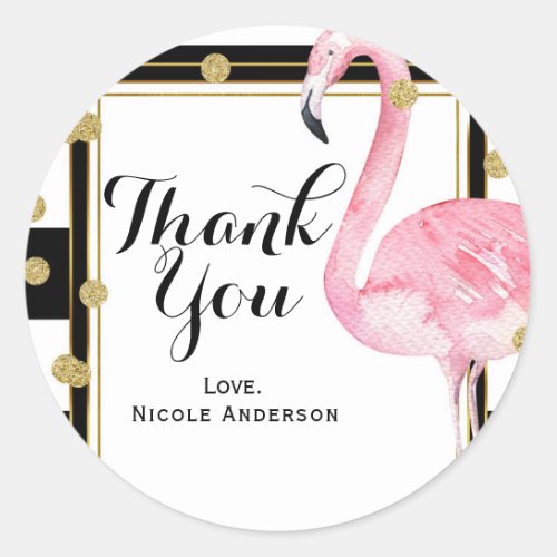 Pink Flamingo Black White Stripes  Gold Confetti Classic Round Sticker