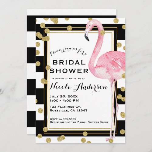 Pink Flamingo Black White Stripes  Gold Confetti Invitation