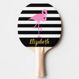 Pink Flamingo Black & White Stripes Gold Script Ping Pong Paddle