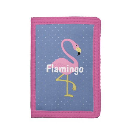 Pink Flamingo Blue and White Polka Dots Trifold Wallet