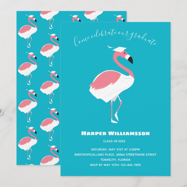 Pink Flamingo Blue Animal Graduation Invitation (Front/Back)