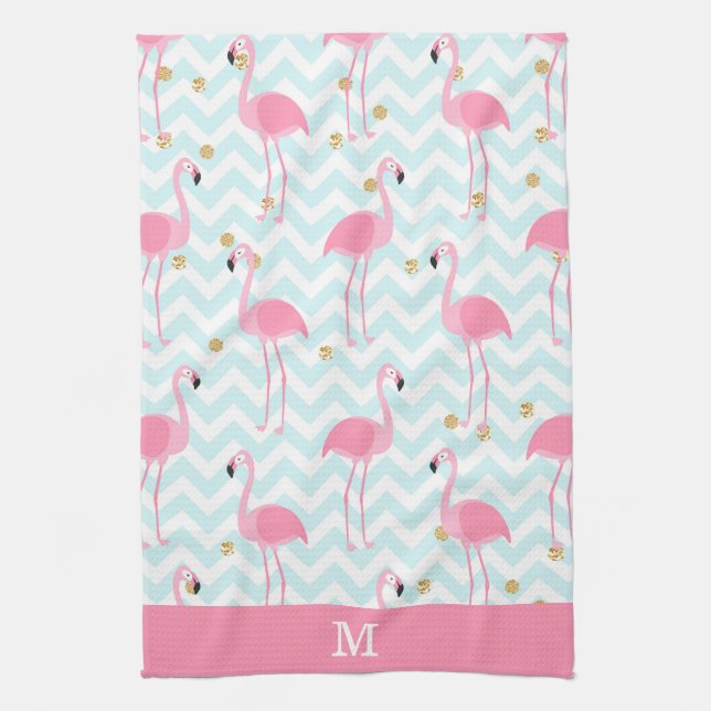 Pink Flamingo Blue Chevron Stripe Monogram Kitchen Towel (Vertical)