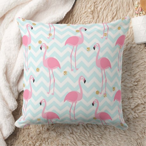 Pink Flamingo Blue Chevron Stripe Pattern Throw Pillow