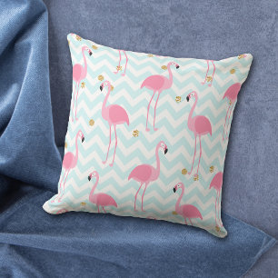 Pink Flamingo Blue Chevron Stripe Pattern Throw Pillow
