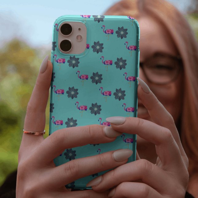 pink Flamingo & blue flower pattern on teal Case-Mate iPhone Case (Creator Uploaded)