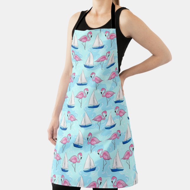 Pink Flamingo Blue Sailboat Nautical Apron (Insitu)