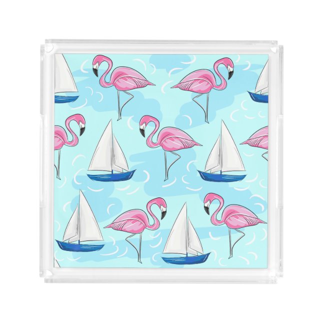 Pink Flamingo Blue Sailboat Preppy Acrylic Tray (Front)