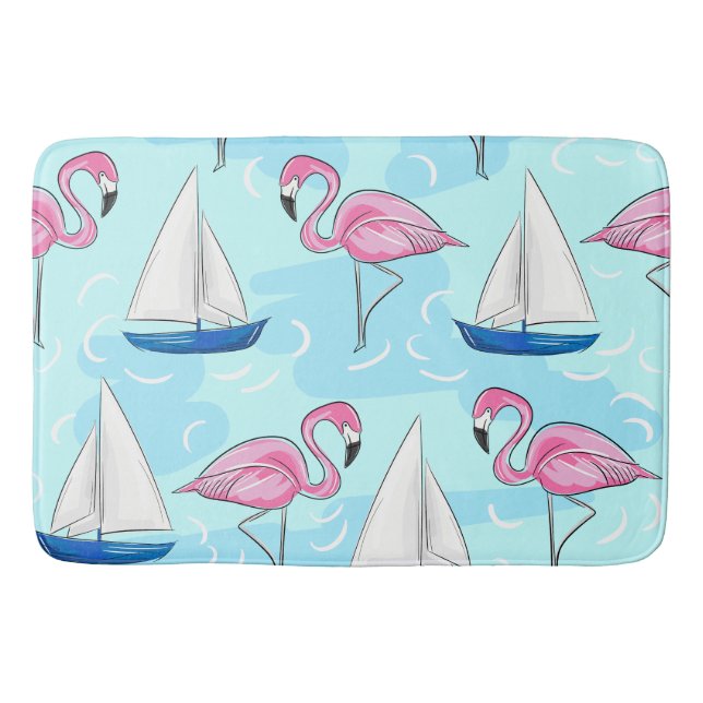 Pink Flamingo Blue Sailboat Preppy Bath Mat (Front)