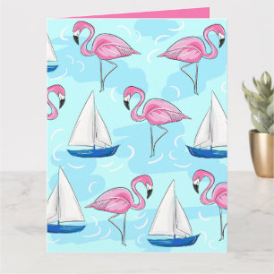 Pink Flamingo Blue Sailboat Preppy Card