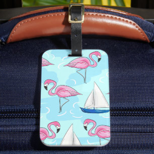 Pink Flamingo Blue Sailboat Preppy Luggage Tag