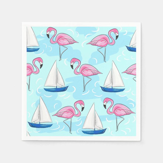 Pink Flamingo Blue Sailboat Preppy Napkins (Front)
