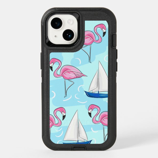 Pink Flamingo Blue Sailboat Preppy Otterbox iPhone Case (Back)