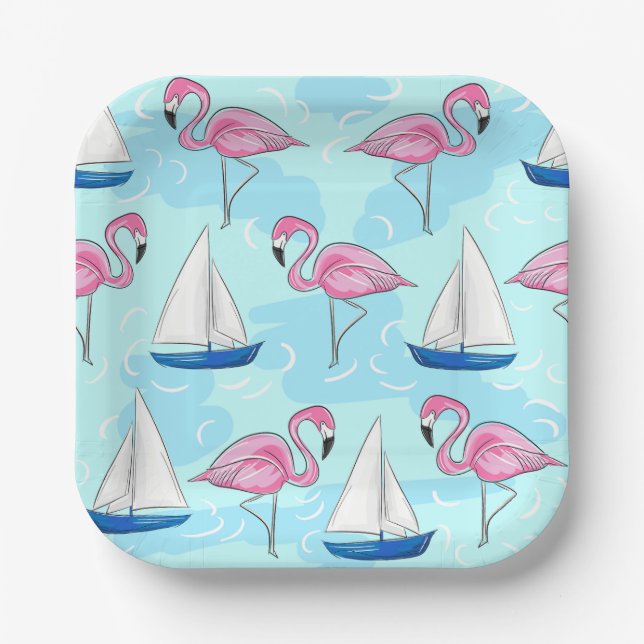 Pink Flamingo Blue Sailboat Preppy Paper Plates (Front)