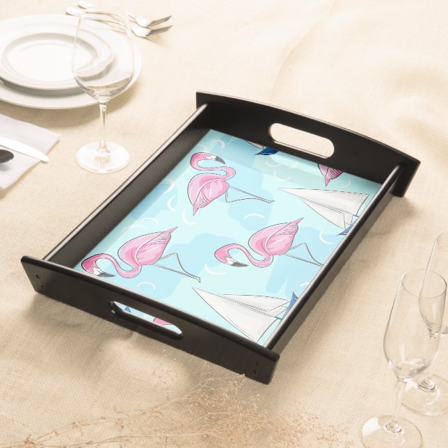Pink Flamingo Blue Sailboat Preppy Serving Tray (Front)