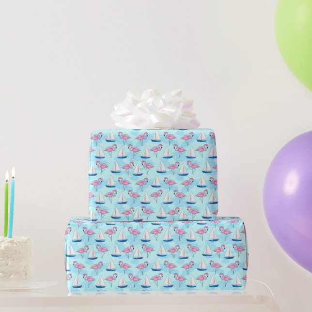 Pink Flamingo Blue Sailboat Preppy Wrapping Paper (Party Gifts)
