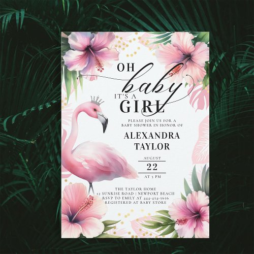 Pink Flamingo Bold Tropical Pink Girl Baby Shower Invitation
