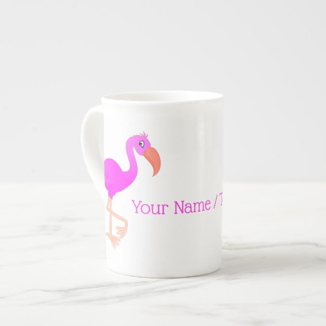 Pink Flamingo Bone China Mug with Custom Text Name (Front Left)
