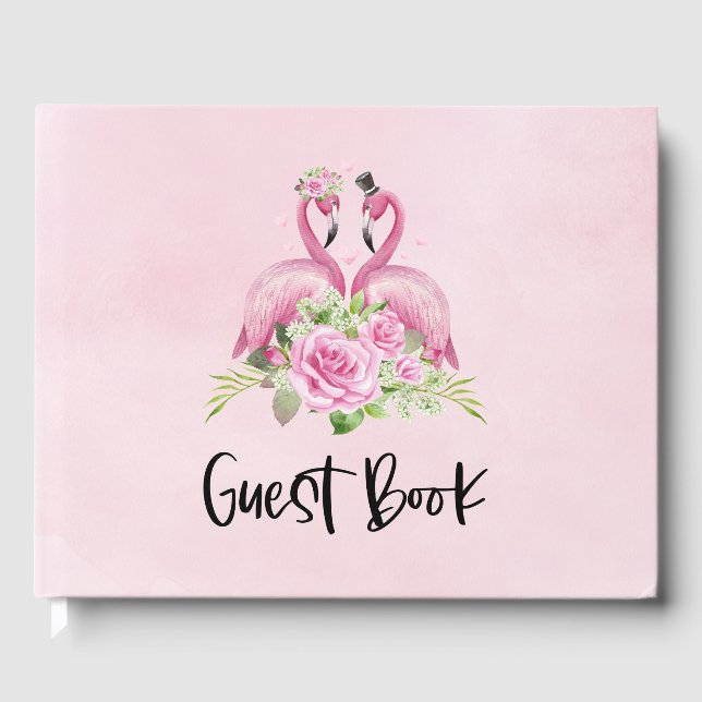 Pink Flamingo Bride and Groom Wedding Guest Book (Front)
