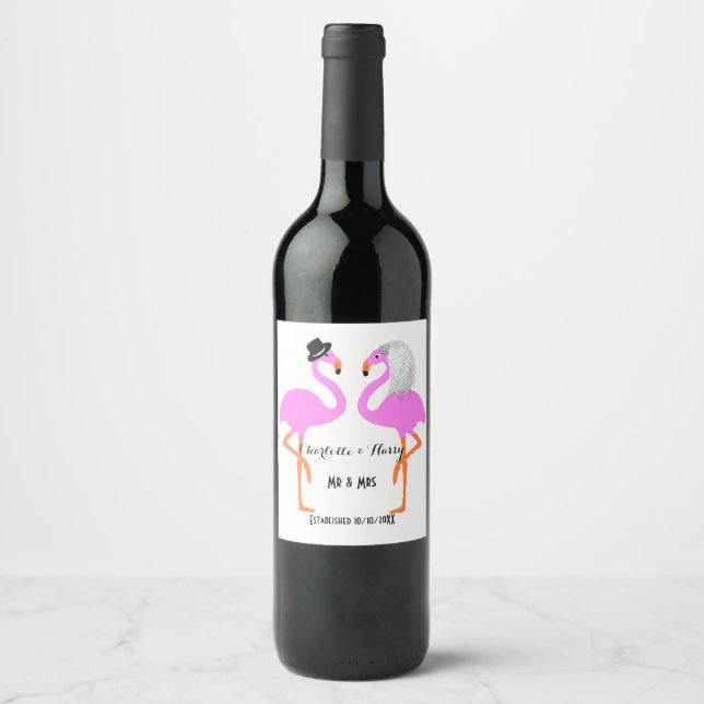 Pink Flamingo Bride & Groom Personalized Wine Label (Front)