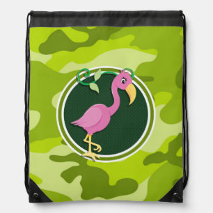 Pink Flamingo; bright green camo, camouflage Drawstring Bag
