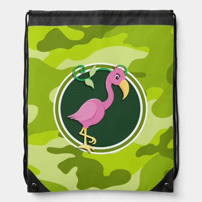 Pink Flamingo; bright green camo, camouflage Drawstring Bag (Front)