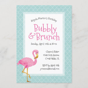 Pink Flamingo Bubbly Birthday Brunch Invitation