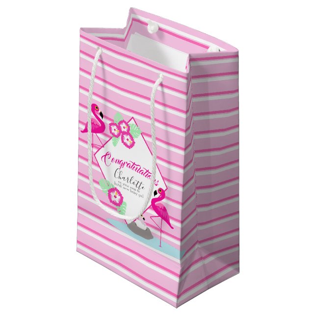 Pink flamingo candy stripe baby shower gift bag (Front Angled)