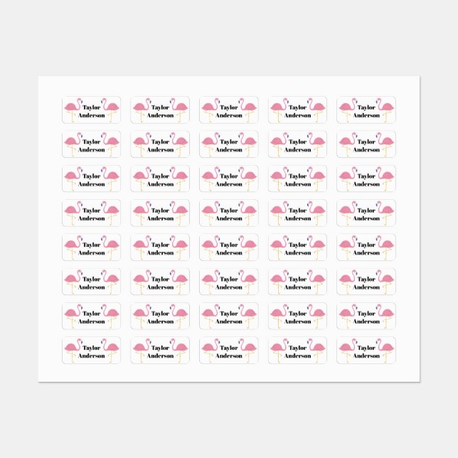 Pink Flamingo Cartoon Personalized Name Labels (Sheet)
