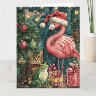 Pink Flamingo Cat & Frog Tropical Christmas Card